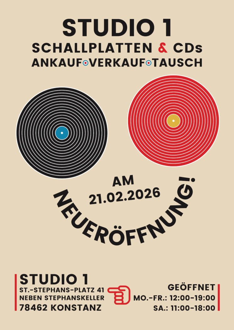 Plakat zur Neueröffnung am 21. Februar 2026 am Sankt Stephansplatz 41 in Konstanz.